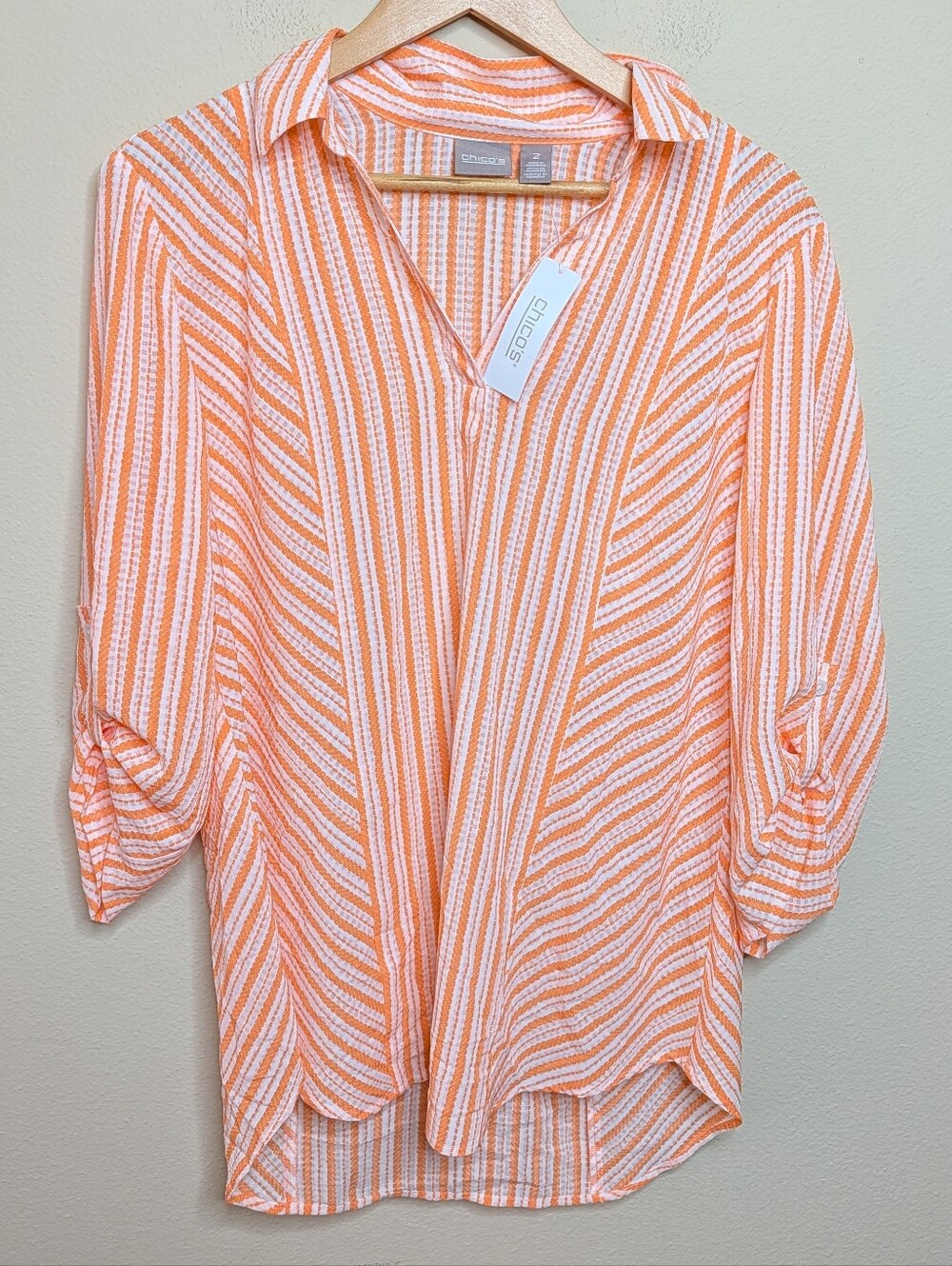 NWT Chico's Tyanna Woven Stripe Top Light Orange 3/4 Sleeve Size 2 (Large)